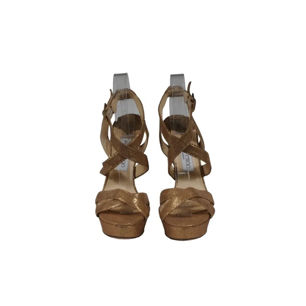 Jimmy Choo Platform Sandals  US10 EU40 Bronze Gold Metallic Lame Crisscross Vamp